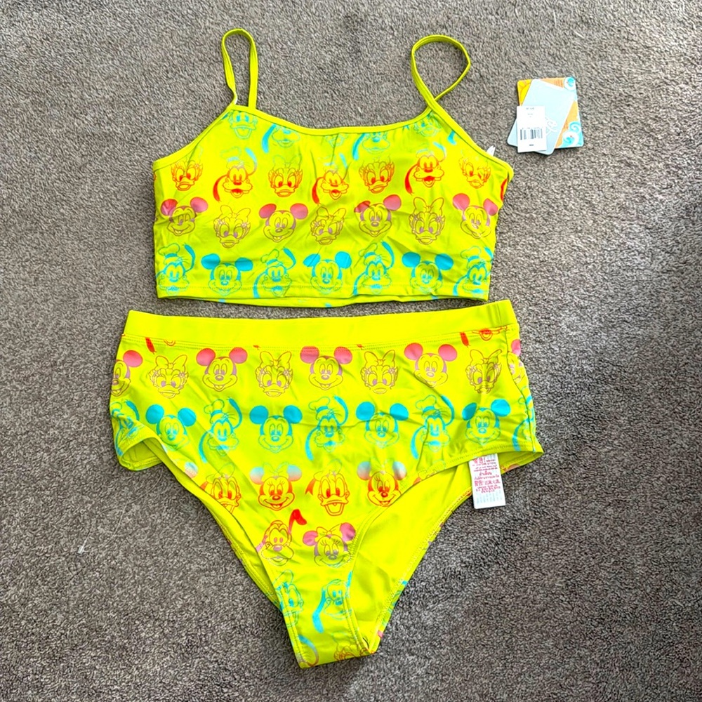Disney Mickey lime, green neon, two piece bikini swimsuit high waist BNWT Large